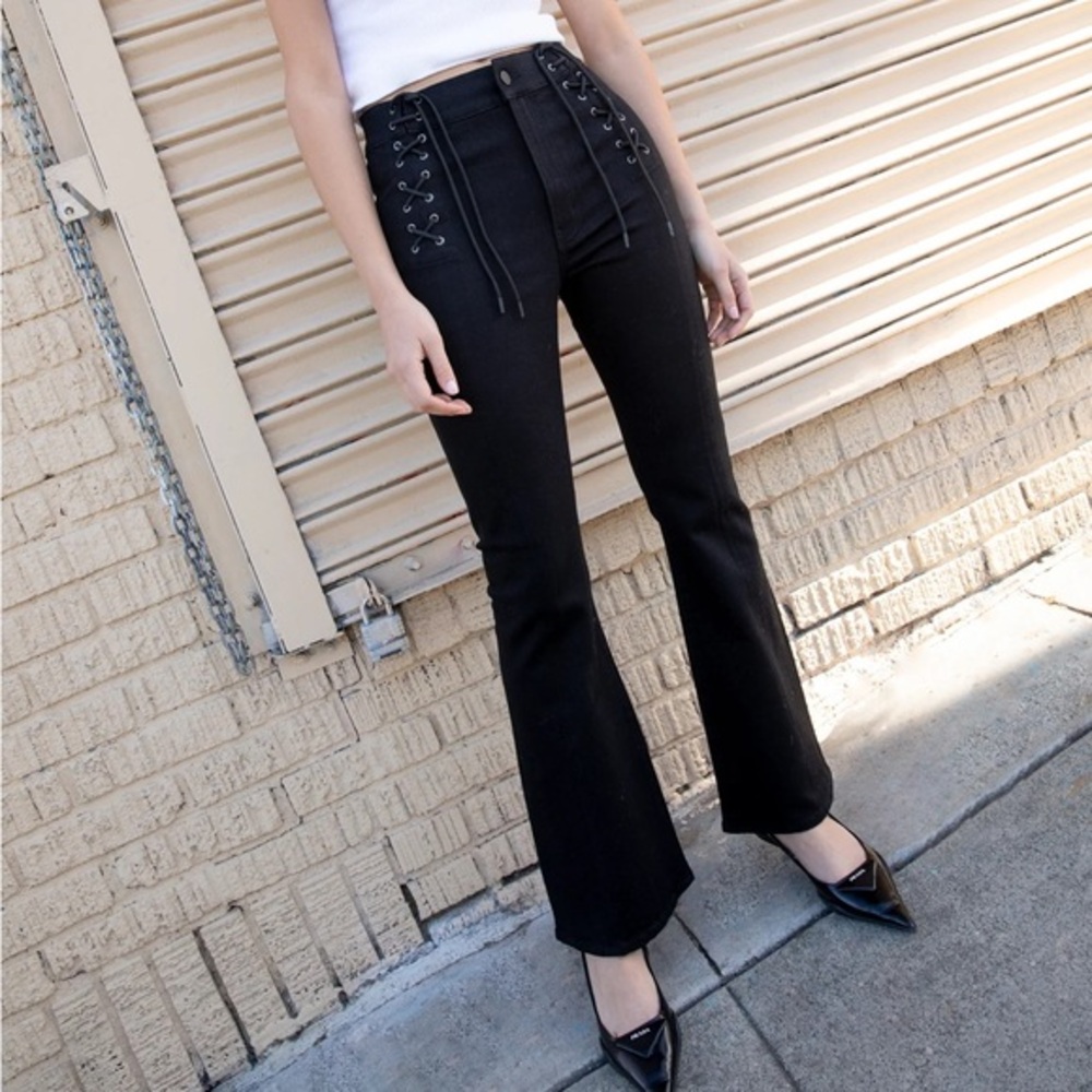 Oak + Fort Black Flare High Rise Jeans with Lace Up Waist Size 26